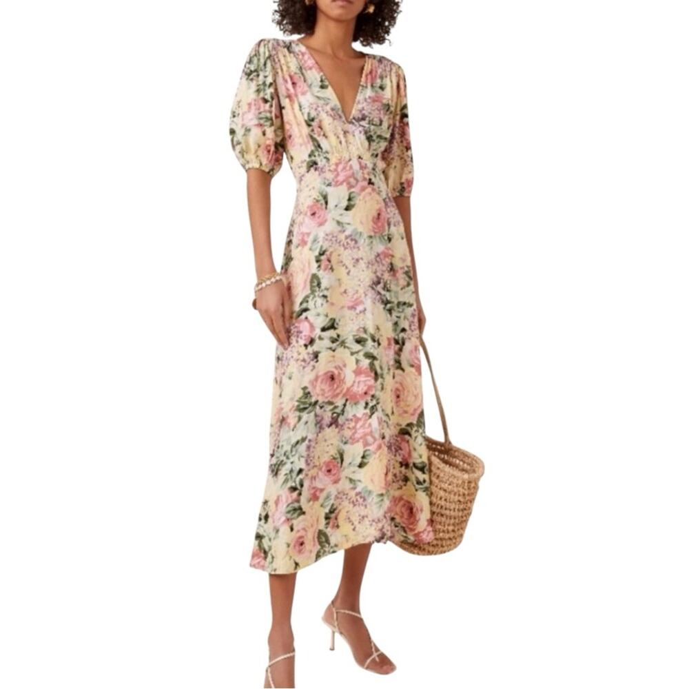 Faithfull the Brand Marie Louise V-Neck Puff Sleeve Floral Midi Dress US 10